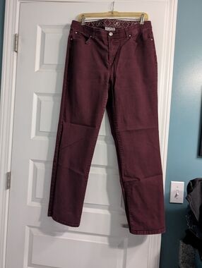 JM Collection Wine Burgundy Pants with Crystal Button